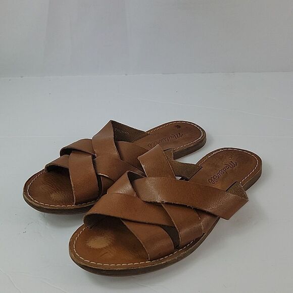 Madewell Boardwalk Woven Brown Leather Slide Women's Sandals - Picture 7 of 14